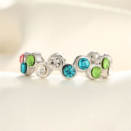 Picture of 1 Piece Eco-friendly Stylish Ins Style Silver Tone Multicolor 304 Stainless Steel & Rhinestone Open Irregular Round Rings For Women Party 17mm(US Size 6.5)