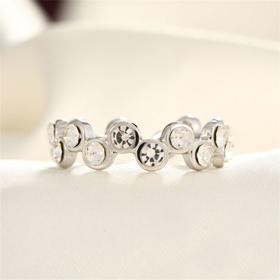 Picture of 1 Piece Eco-friendly Stylish Ins Style Silver Tone Transparent Clear 304 Stainless Steel & Rhinestone Open Irregular Round Rings For Women Party 17mm(US Size 6.5)