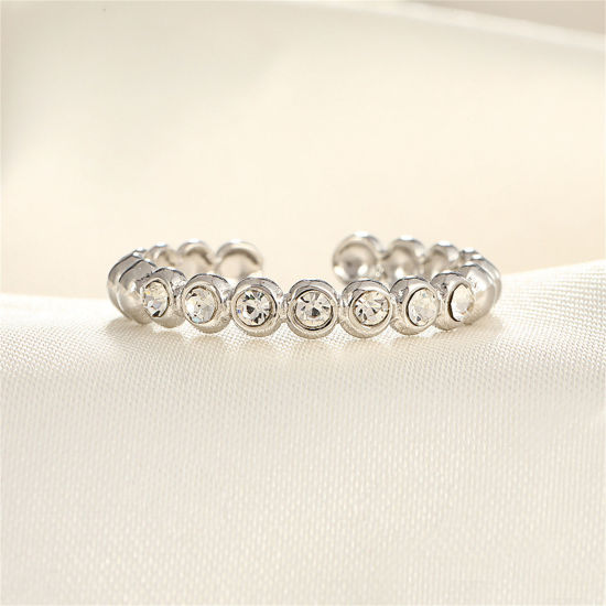 Picture of 1 Piece Eco-friendly Stylish Ins Style Silver Tone Transparent Clear 304 Stainless Steel & Rhinestone Open Round Rings For Women Party 17mm(US Size 6.5)