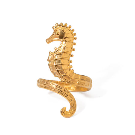 1 Piece Eco-friendly Vacuum Plating Stylish Ocean Jewelry 18K Real Gold Plated 304 Stainless Steel Open Seahorse Animal Rings For Women Graduation 17mm(US Size 6.5)