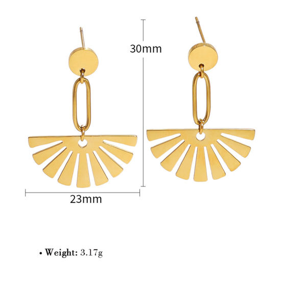 Picture of 1 Pair Stylish 18K Real Gold Plated 304 Stainless Steel Fan-shaped Sun Rays Ear Post Stud Earrings For Women 3cm x 2.3cm