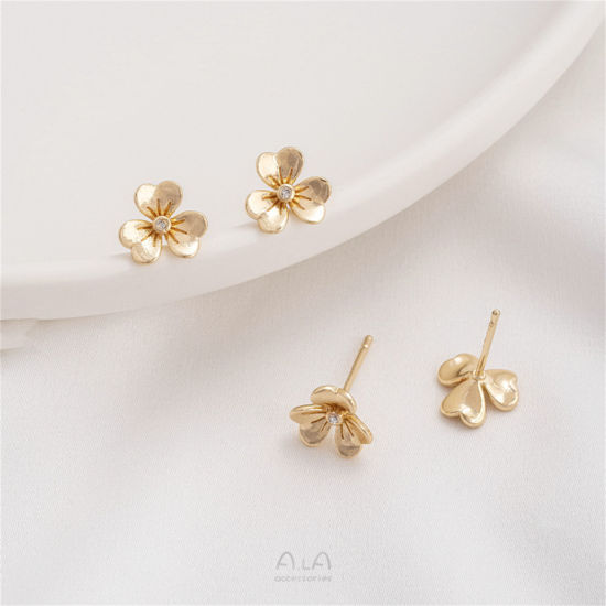 Picture of 1 Pair Eco-friendly Stylish 14K Real Gold Plated Brass & Sterling Silver Flower Ear Post Stud Earrings For Women 9mm