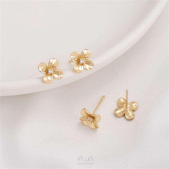 Picture of 1 Pair Eco-friendly Stylish 14K Real Gold Plated Brass & Sterling Silver Flower Ear Post Stud Earrings For Women 10mm