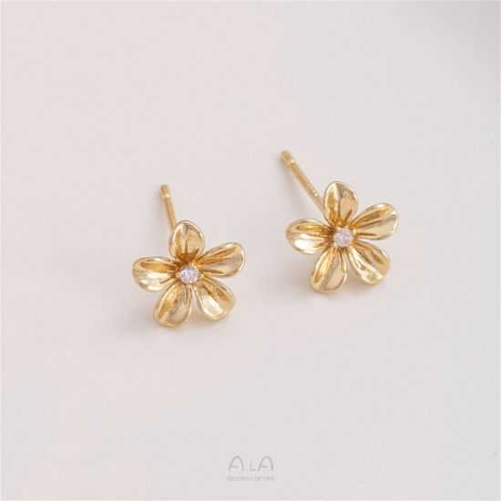 Picture of 1 Pair Eco-friendly Stylish 14K Real Gold Plated Brass & Sterling Silver Flower Ear Post Stud Earrings For Women 10mm