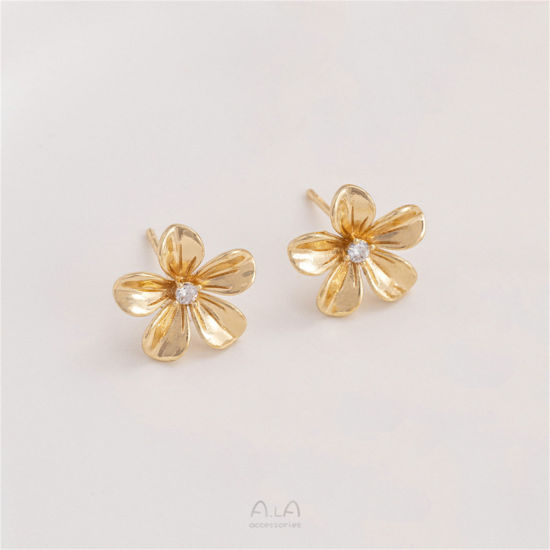 Picture of 1 Pair Eco-friendly Stylish 14K Real Gold Plated Brass & Sterling Silver Flower Ear Post Stud Earrings For Women 14mm