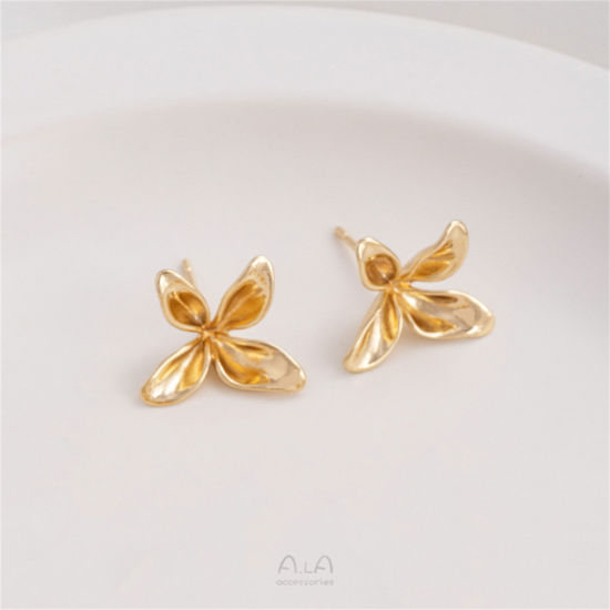 Picture of 1 Pair Eco-friendly Stylish 14K Real Gold Plated Brass & Sterling Silver Flower Ear Post Stud Earrings For Women 17mm