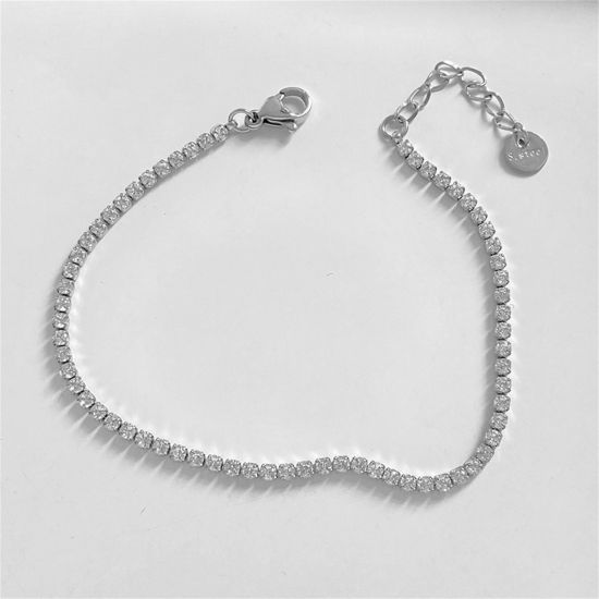 Picture of 1 Piece Eco-friendly Simple Real Platinum Plated 304 Stainless Steel Rhinestone Bracelets 16.5cm(6 4/8") long