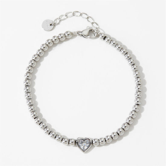 Picture of 1 Piece Eco-friendly Simple Real Platinum Plated 304 Stainless Steel Heart Bracelets 16.5cm(6 4/8") long