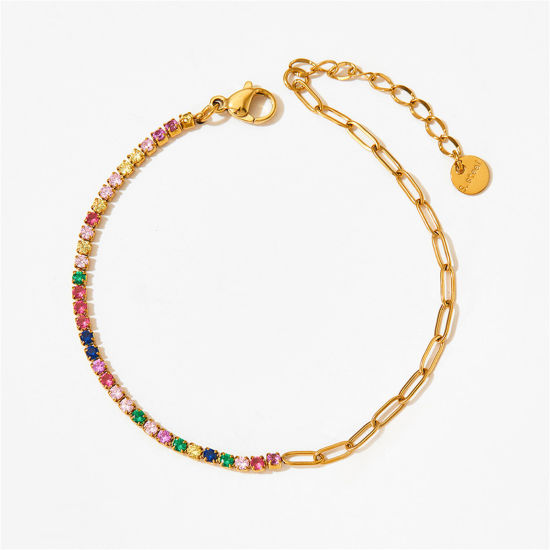 Immagine di 1 Pz Ecologico Semplice 18K Vero Oro Placcato Multicolore 304 Acciaio Inossidabile Catena a Graffetta Impiombatura Braccialetti 17cm Lunghezza