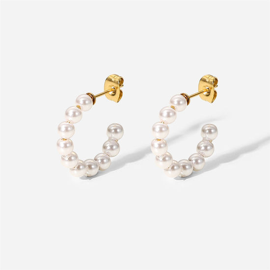 Picture of 1 Pair Eco-friendly Ins Style 18K Real Gold Plated 304 Stainless Steel C Shaped Acrylic Imitation Pearl Hoop Earrings 9.5mm