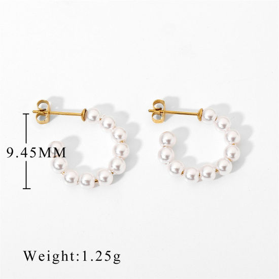 Picture of 1 Pair Eco-friendly Ins Style 18K Real Gold Plated 304 Stainless Steel C Shaped Acrylic Imitation Pearl Hoop Earrings 9.5mm