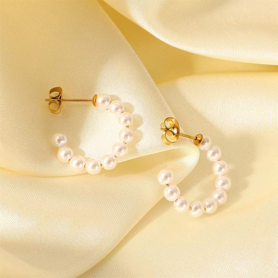 Picture of 1 Pair Eco-friendly Ins Style 18K Real Gold Plated 304 Stainless Steel C Shaped Acrylic Imitation Pearl Hoop Earrings 9.5mm