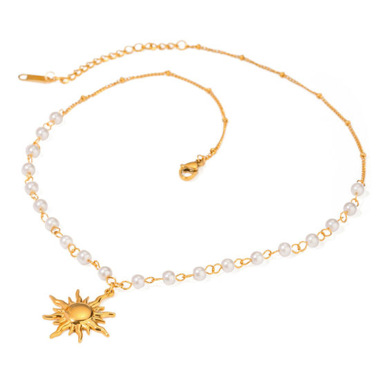 Image de 1 Pièce Colliers Épissage en 304 Acier Inoxydable Respectueux de la Nature Plaqué Or Véritable 18K Soleil Imitation Perles 40cm long