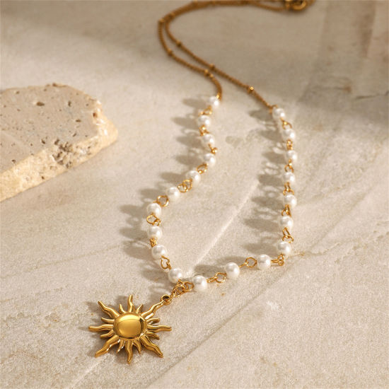 Image de 1 Pièce Colliers Épissage en 304 Acier Inoxydable Respectueux de la Nature Plaqué Or Véritable 18K Soleil Imitation Perles 40cm long
