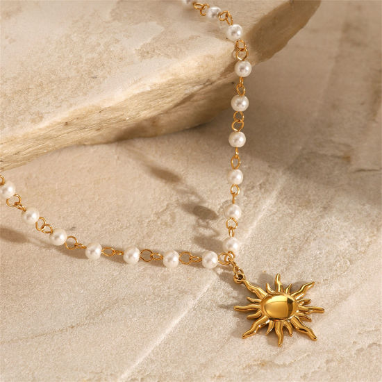 Image de 1 Pièce Colliers Épissage en 304 Acier Inoxydable Respectueux de la Nature Plaqué Or Véritable 18K Soleil Imitation Perles 40cm long