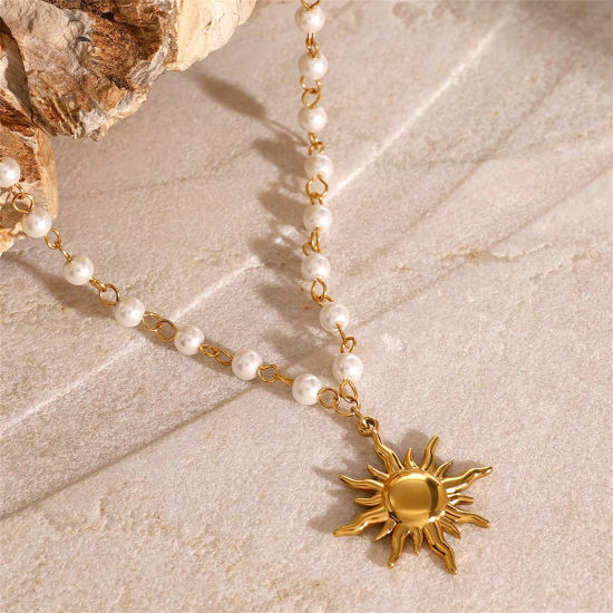 Image de 1 Pièce Colliers Épissage en 304 Acier Inoxydable Respectueux de la Nature Plaqué Or Véritable 18K Soleil Imitation Perles 40cm long