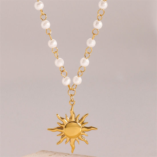 Image de 1 Pièce Colliers Épissage en 304 Acier Inoxydable Respectueux de la Nature Plaqué Or Véritable 18K Soleil Imitation Perles 40cm long