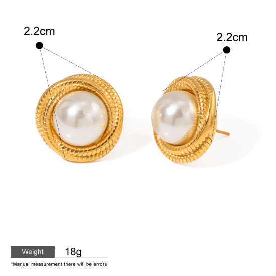 Picture of 1 Pair Eco-friendly Ins Style 304 Stainless Steel Round Stripe Imitation Pearl Ear Post Stud Earrings 22mm