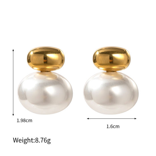 Picture of 1 Pair Eco-friendly Ins Style 304 Stainless Steel Oval Imitation Pearl Ear Post Stud Earrings 19.8mm x 16mm