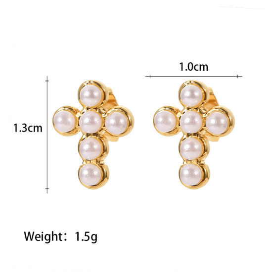 Picture of 1 Pair Eco-friendly Ins Style 304 Stainless Steel Cross Imitation Pearl Ear Post Stud Earrings 13mm x 10mm