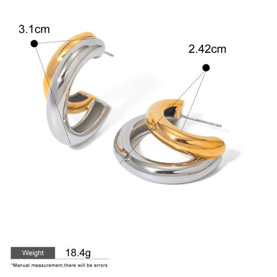 Picture of 1 Pair Eco-friendly Ins Style 18K Real Gold Plated & Silver Tone 304 Stainless Steel C Shaped Ear Post Stud Earrings 3.1cm x 2.4cm