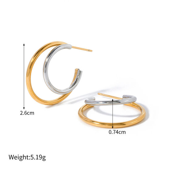 Picture of 1 Pair Eco-friendly Ins Style 18K Real Gold Plated & Silver Tone 304 Stainless Steel C Shaped Ear Post Stud Earrings 26mm x 7.4mm