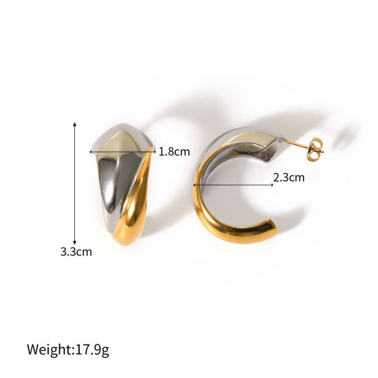 Picture of 1 Pair Eco-friendly Ins Style 18K Real Gold Plated & Silver Tone 304 Stainless Steel C Shaped Ear Post Stud Earrings 3.3cm x 2.3cm