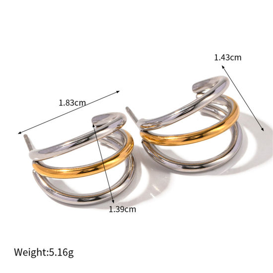 Picture of 1 Pair Eco-friendly Ins Style 18K Real Gold Plated & Silver Tone 304 Stainless Steel C Shaped Ear Post Stud Earrings 18.3mm x 14.3mm