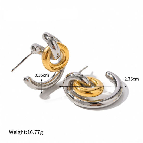 Picture of 1 Pair Eco-friendly Ins Style 18K Real Gold Plated & Silver Tone 304 Stainless Steel C Shaped Ear Post Stud Earrings 23.5mm x 3.5mm