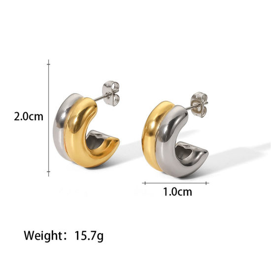 Picture of 1 Pair Eco-friendly Ins Style 18K Real Gold Plated & Silver Tone 304 Stainless Steel C Shaped Ear Post Stud Earrings 20mm x 10mm