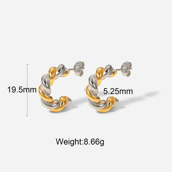 Picture of 1 Pair Eco-friendly Ins Style 18K Real Gold Plated & Silver Tone 304 Stainless Steel C Shaped Ear Post Stud Earrings 19.5mm x 5.3mm