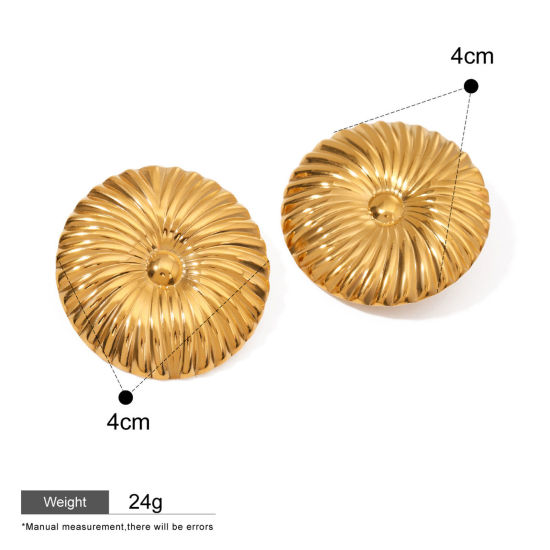 Picture of 1 Pair Eco-friendly Ins Style 18K Real Gold Plated 304 Stainless Steel Round Stripe Ear Post Stud Earrings 4cm x 4cm