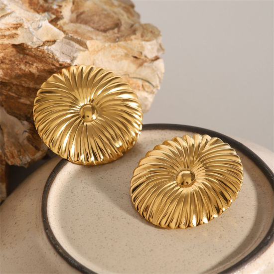 Picture of 1 Pair Eco-friendly Ins Style 18K Real Gold Plated 304 Stainless Steel Round Stripe Ear Post Stud Earrings 4cm x 4cm