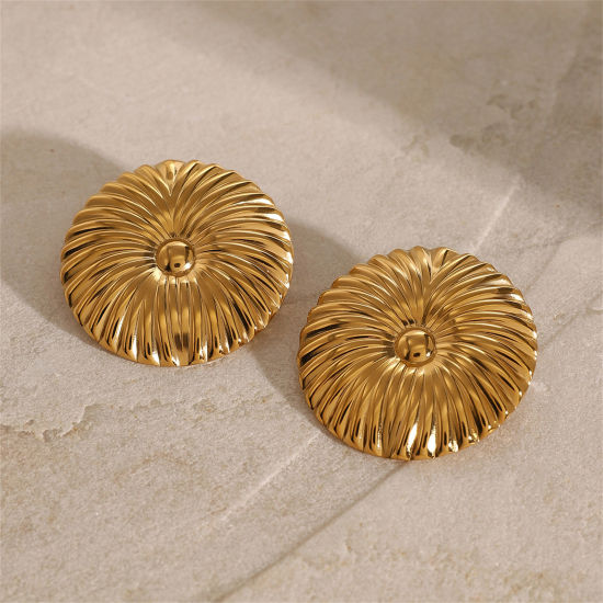 Picture of 1 Pair Eco-friendly Ins Style 18K Real Gold Plated 304 Stainless Steel Round Stripe Ear Post Stud Earrings 4cm x 4cm