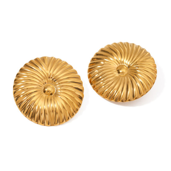 Picture of 1 Pair Eco-friendly Ins Style 18K Real Gold Plated 304 Stainless Steel Round Stripe Ear Post Stud Earrings 4cm x 4cm