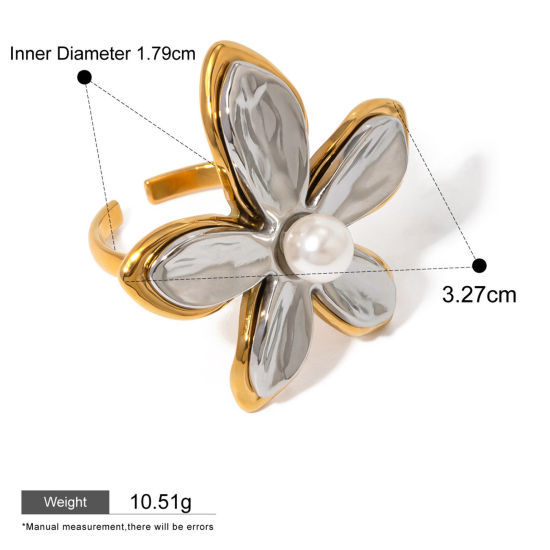 Picture of 1 Piece Eco-friendly Ins Style 18K Real Gold Plated & Silver Tone 304 Stainless Steel Unadjustable Flower Rings 17.3mm(US Size 7), 3.3cm x 1.8cm