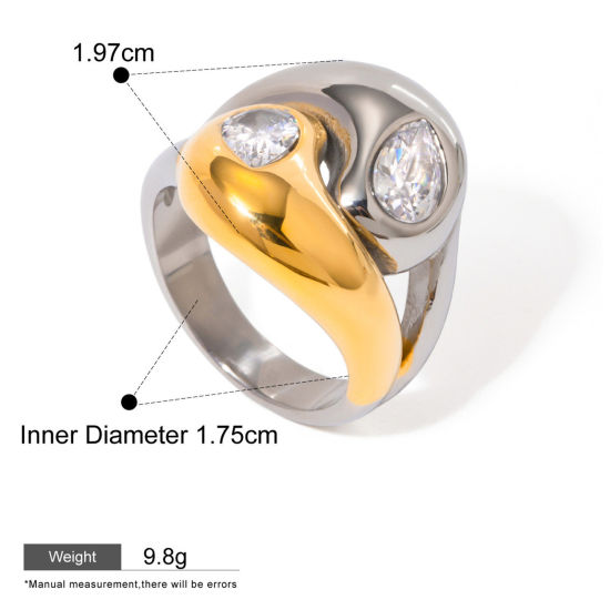 Picture of 1 Piece Eco-friendly Ins Style 18K Real Gold Plated & Silver Tone 304 Stainless Steel Unadjustable Rings 17.3mm(US Size 7), 19.7mm x 17.5mm