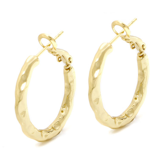 Picture of 1 Pair Eco-friendly Minimalist Stylish 18K Real Gold Plated Brass Round Texture Hoop Earrings For Women 25mm x 25mm