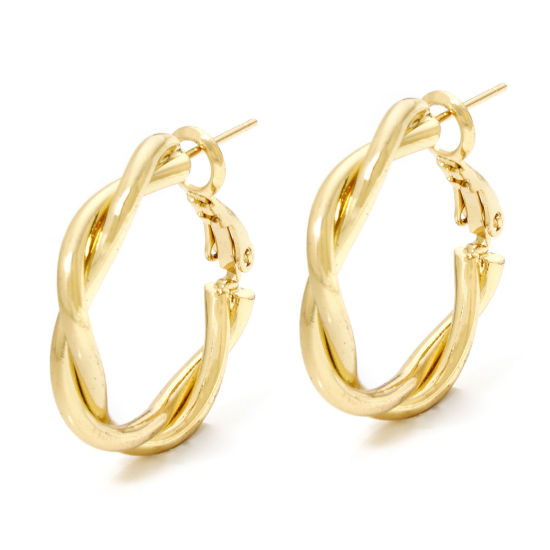 Picture of 1 Pair Eco-friendly Minimalist Stylish 18K Real Gold Plated Brass Round Texture Hoop Earrings For Women 25mm x 25mm