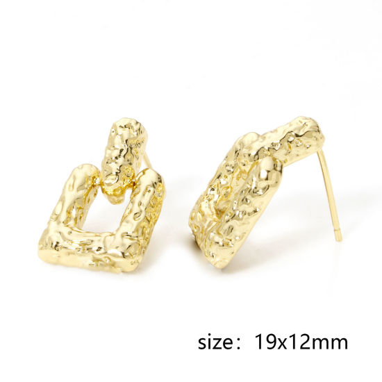 Picture of 1 Pair Eco-friendly Ins Style Stylish 18K Real Gold Plated Brass Square Texture Hollow Ear Post Stud Earrings For Women 19mm x 12mm