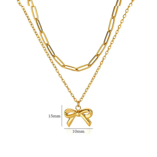 Picture of 1 Piece Vacuum Plating Stylish 18K Gold Plated 304 Stainless Steel Paperclip Chain Bowknot Multilayer Layered Necklace For Women 38cm(15") long