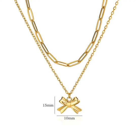 Picture of 1 Piece Vacuum Plating Stylish 18K Gold Plated 304 Stainless Steel Paperclip Chain Bowknot Multilayer Layered Necklace For Women 38cm(15") long