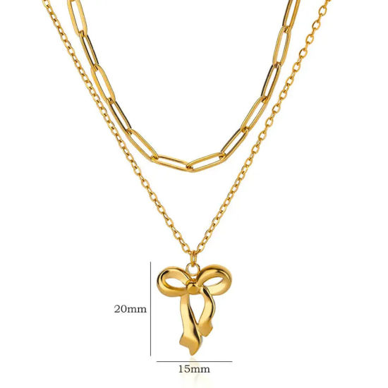 Picture of 1 Piece Vacuum Plating Stylish 18K Gold Plated 304 Stainless Steel Paperclip Chain Bowknot Multilayer Layered Necklace For Women 38cm(15") long