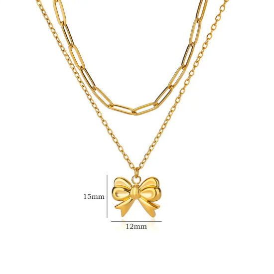 Picture of 1 Piece Vacuum Plating Stylish 18K Gold Plated 304 Stainless Steel Paperclip Chain Bowknot Multilayer Layered Necklace For Women 38cm(15") long