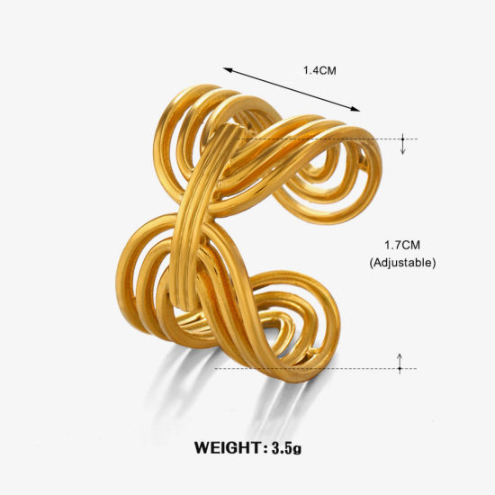 Immagine di 2 Pz Placcatura Sottovuoto Elegante Semplice Placcato Oro 18K 304 Acciaio Inossidabile Aperto Striscia Filigrana Anello Per Donne 17mm x 14mm