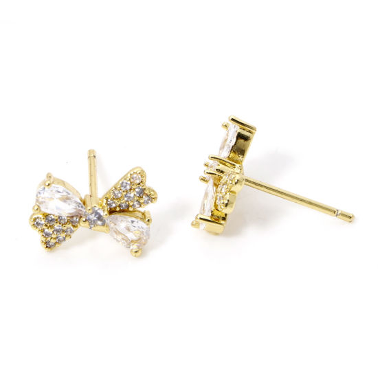 Image de 1 Paire Boucles d'Oreilles Puces Élégant en Laiton Respectueux de la Nature Sucré & Mignon Nœuds Papillon Plaqué Or Véritable 18K Micro Pave Pour Femmes 12mm x 8.5mm