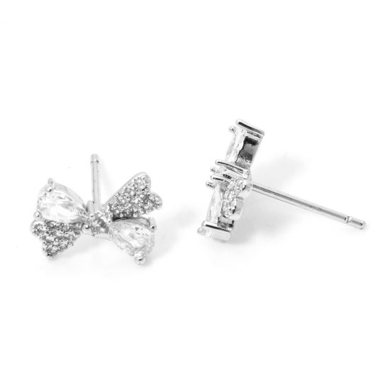 Image de 1 Paire Boucles d'Oreilles Puces Élégant en Laiton Respectueux de la Nature Sucré & Mignon Nœuds Papillon Plaqué Platine Véritable Micro Pave Pour Femmes 12mm x 8.5mm