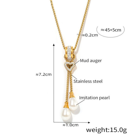 Immagine di 1 Pz Placcatura Sotto Vuoto PVD Ecologica Elegante Semplice 18K Vero Oro Placcato Acciaio Inossidabile Catena di casella Nappine Imitata Perla Collana Lunga Adatto Maglia Per Donne 45cm Lunghezza