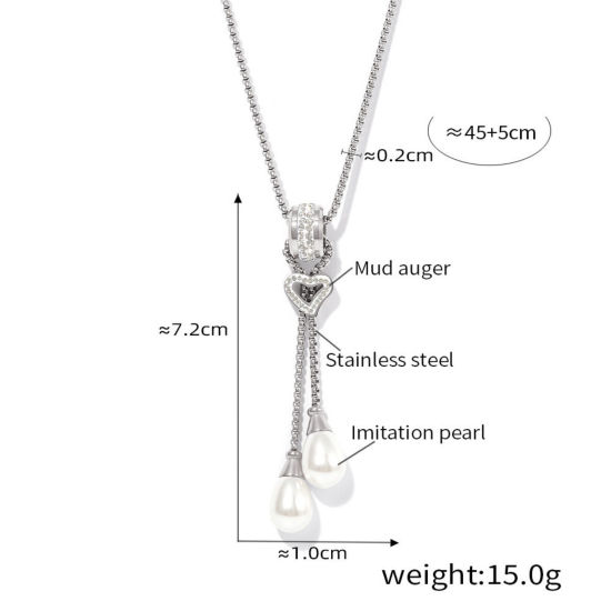 Immagine di 1 Pz Elegante Semplice Tono Argento Acciaio Inossidabile Catena di casella Nappine Imitata Perla Collana Lunga Adatto Maglia Per Donne 45cm Lunghezza
