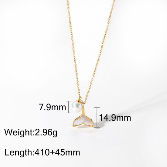 Изображение 1 ШТ Экологичное вакуумное PVD-покрытие Элегантный Простой 18K настоящее золото с покрытием Нержавеющая Сталь Позолоченные цепочки Хвост кита Имитация жемчуга Ожерелья Для женщин 41см длина